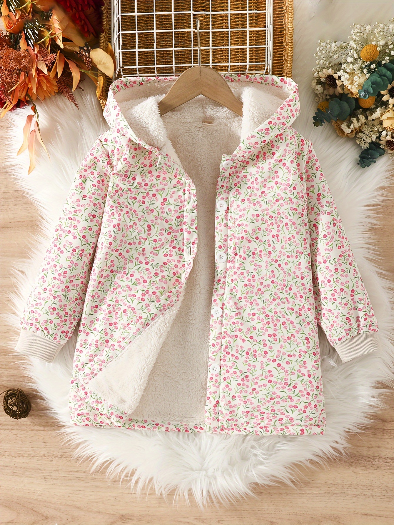 Girls Fleece Thermal Coat Adorable Floral Print Hooded Windproof Jacket Casual Elegant Coat For Winter