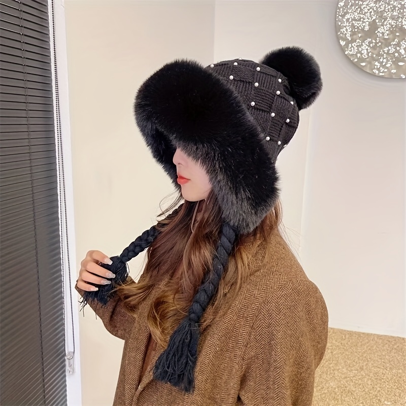 Winter Faux Fur Ear Flap Hat Thick Solid Color Bomber Hats Elastic Warm  Beanies With Pom Coldproof Knit Hats For Women - Temu