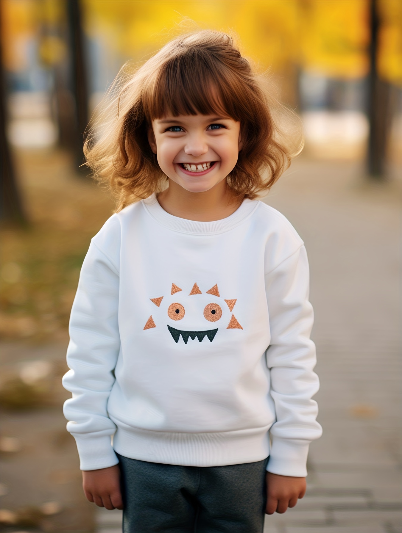 Girls Pullover Cheerful Monsters Squad Pattern Crewneck Drop