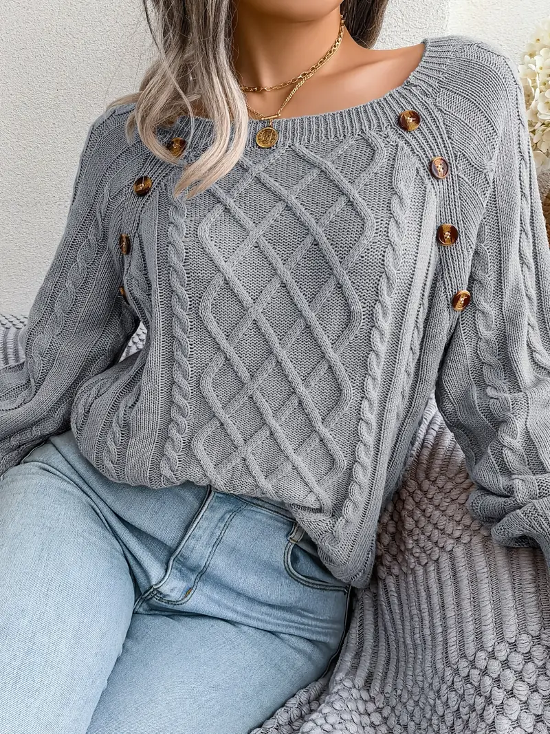 Women's Sweater Round Neck Texture Button Lantern Sleeve Sweater - Temu