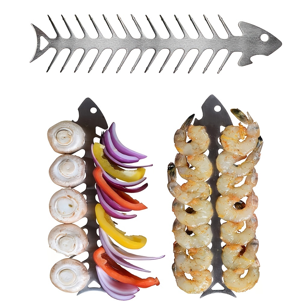 2 4pcs stainless steel bbq skewers fish bone shaped grill skewers for beef chicken vegetables shrimp durable metal barbecue accessories for grilling bbq accessories kitchen utensils sleek metallic     metal Product details 2