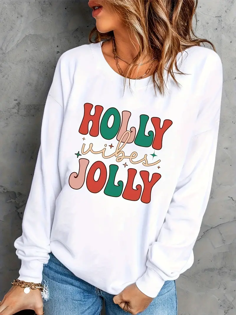 holly vibes jolly letter print sweatshirt casual long sleeve crew neck sweatshirt womens clothing details 0
