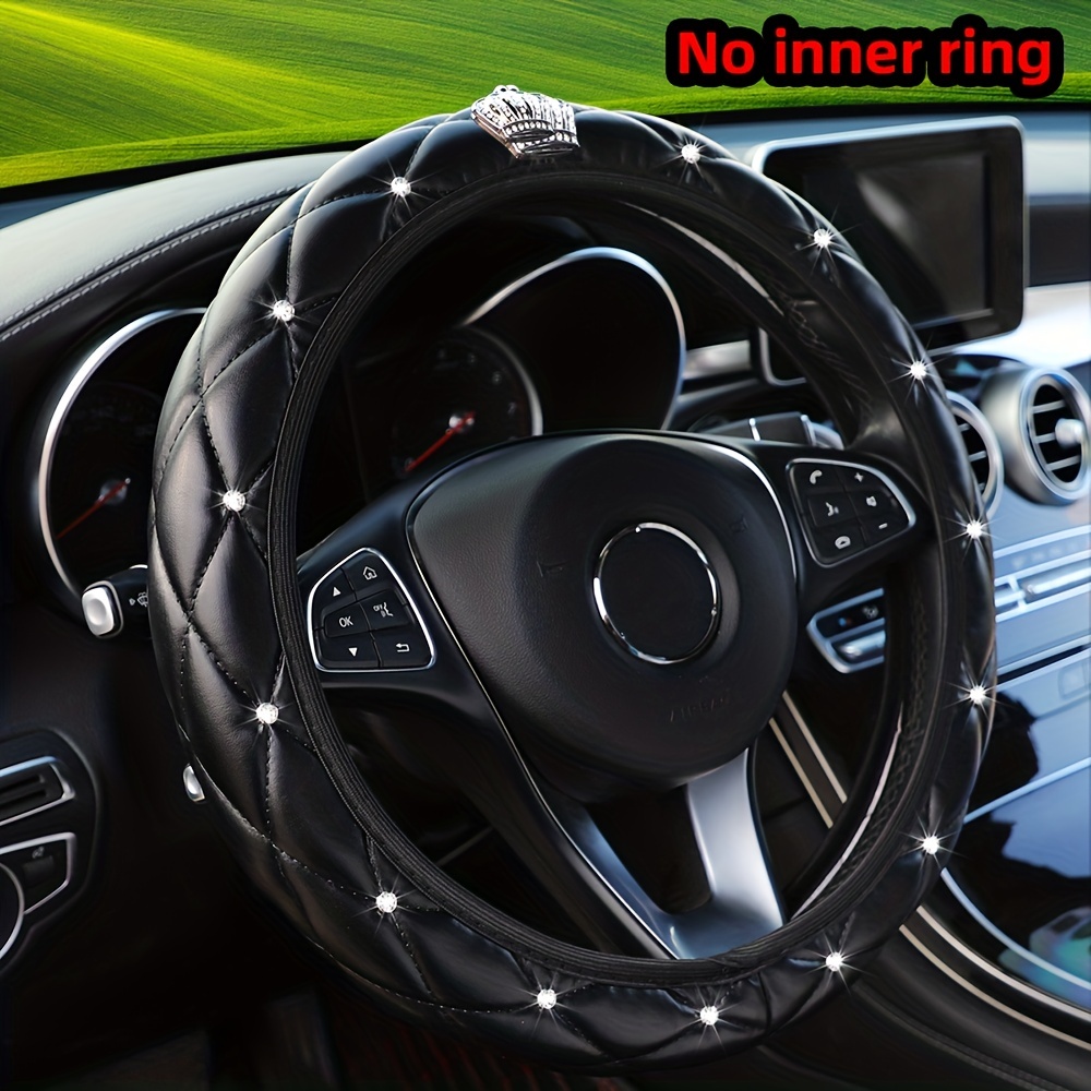 

1pc Glittering Artificial Diamond Pu Leather Soft And Comfortable Car Supplies Without Inner Ring Steering Wheel Cover Auto Parts For Women