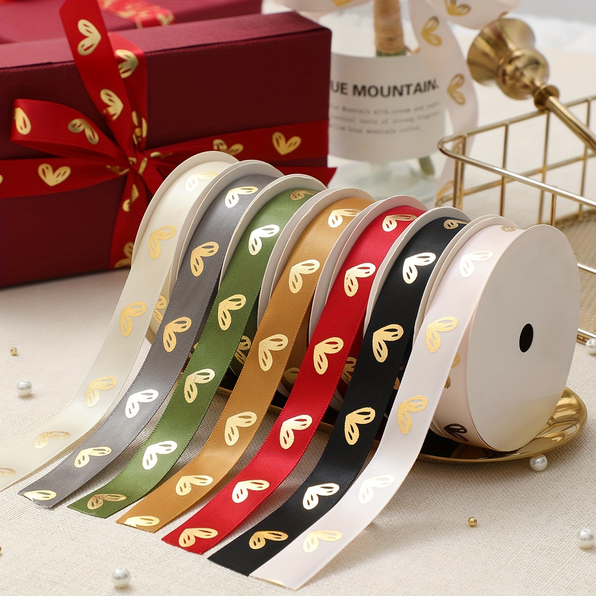 Gold Foil Black Satin Ribbon for Gift Wrapping for Crafts, Hair