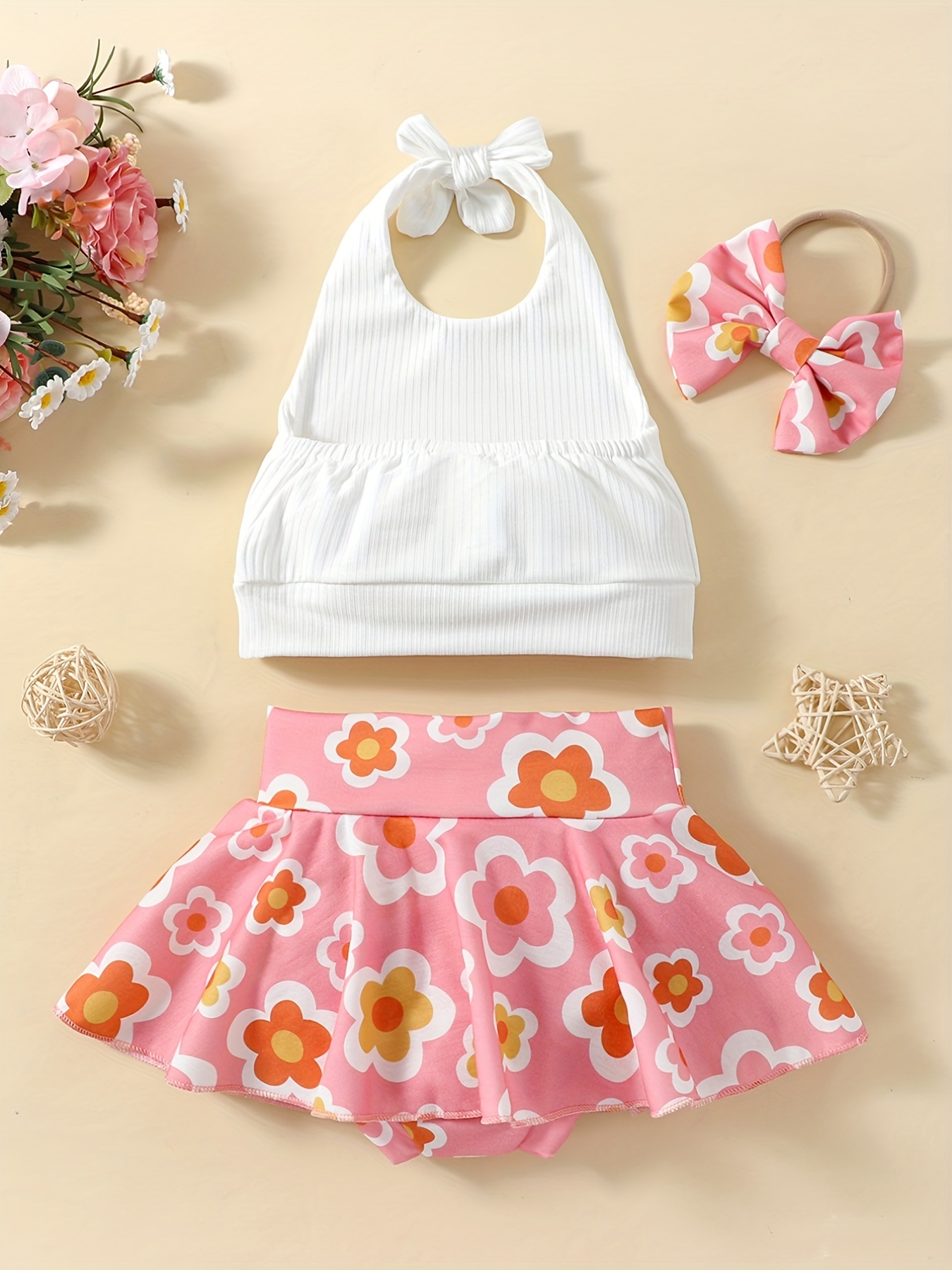 Baby Girl's Stylish & Cute Shorts Set - Crop Halter Top & Floral Striped  Print Belted Shorts