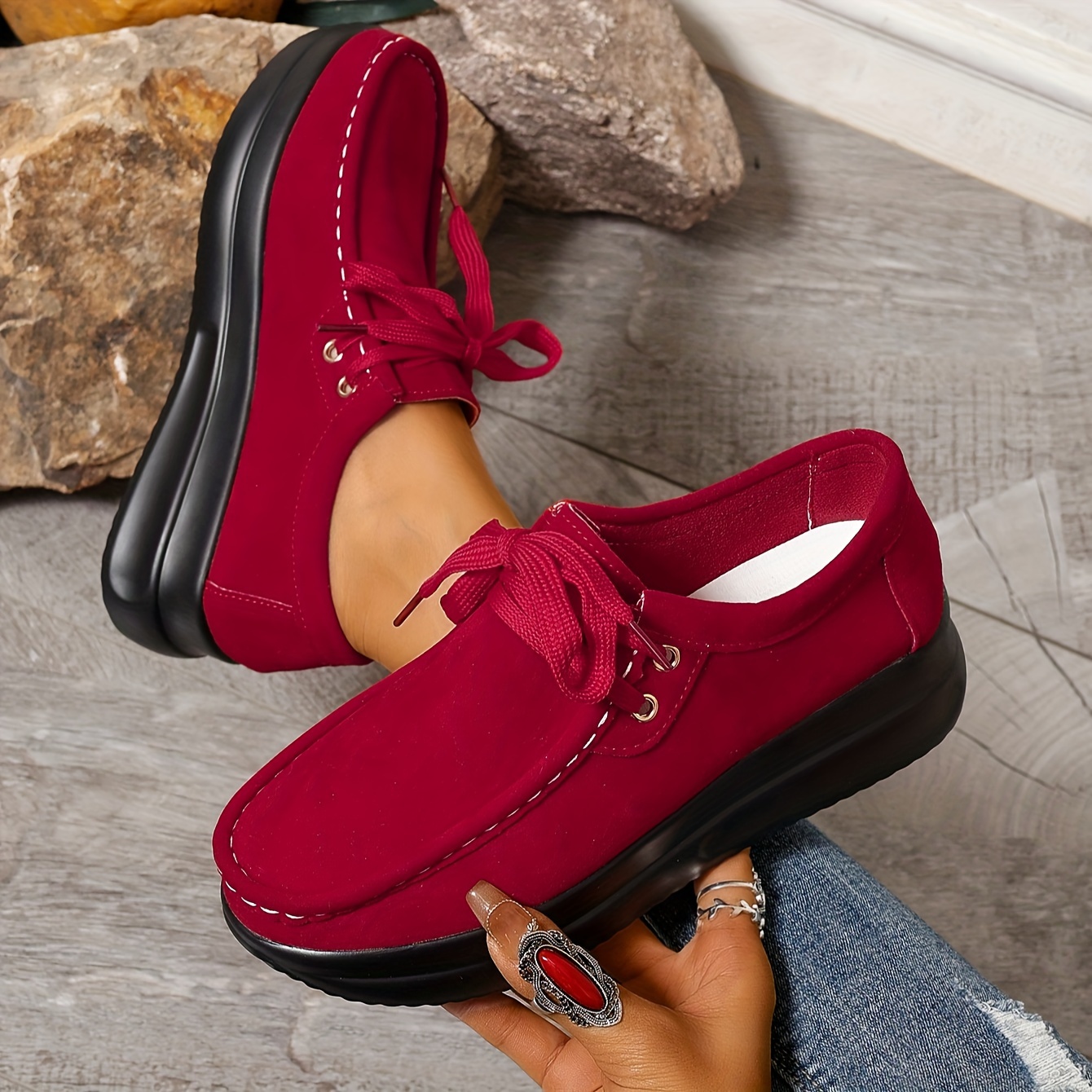 women's platform sneakers solid color round toe lace low top 36 red 27