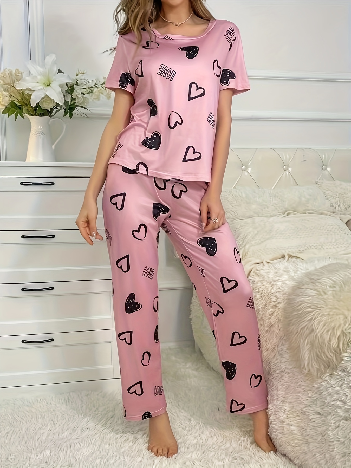 Casual Heart Letter Print Pajama Set Short Sleeve Crew Neck - Temu