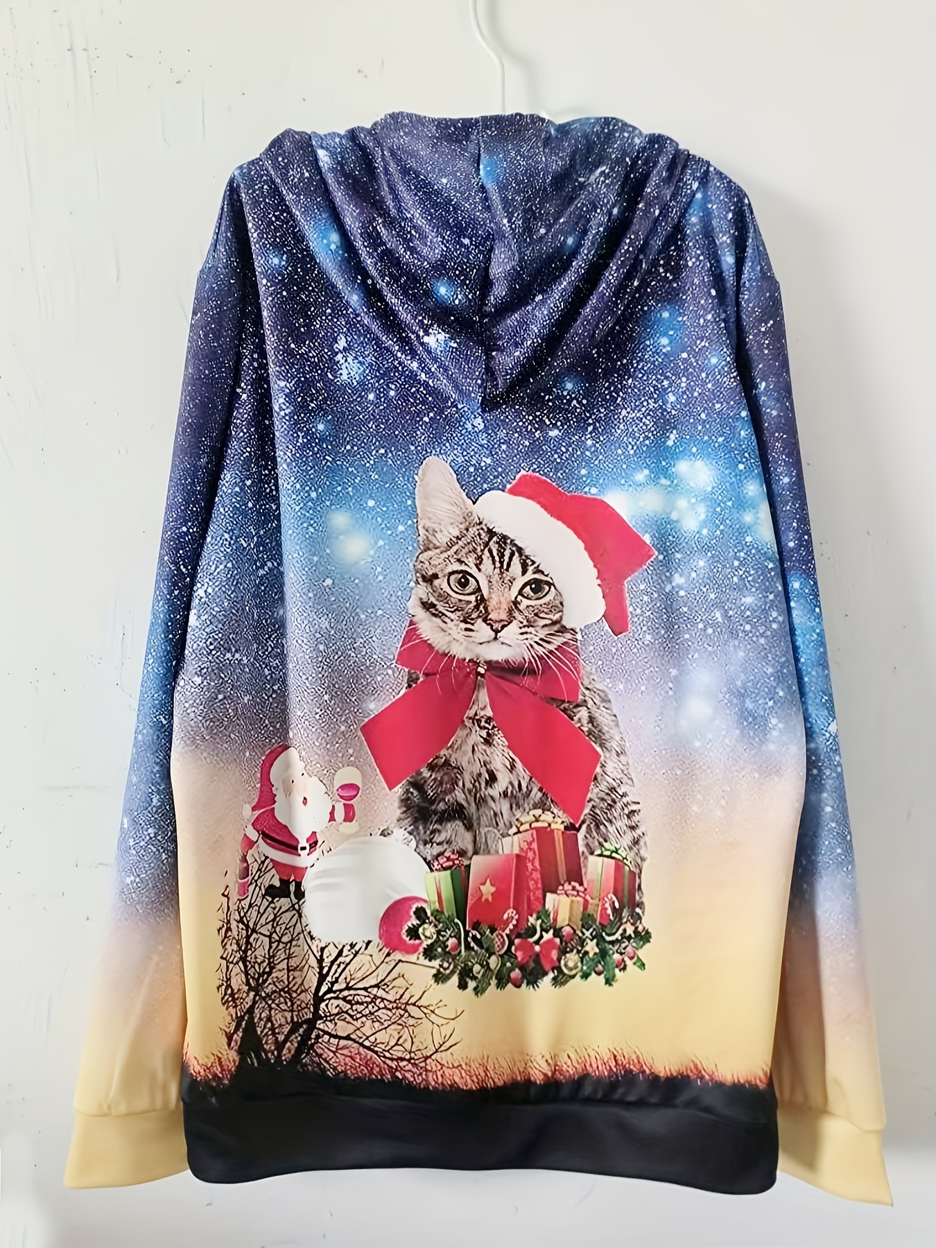 3d Cute Cat With Christmas Hat Print Hoodie, Cool Hoodies For Men