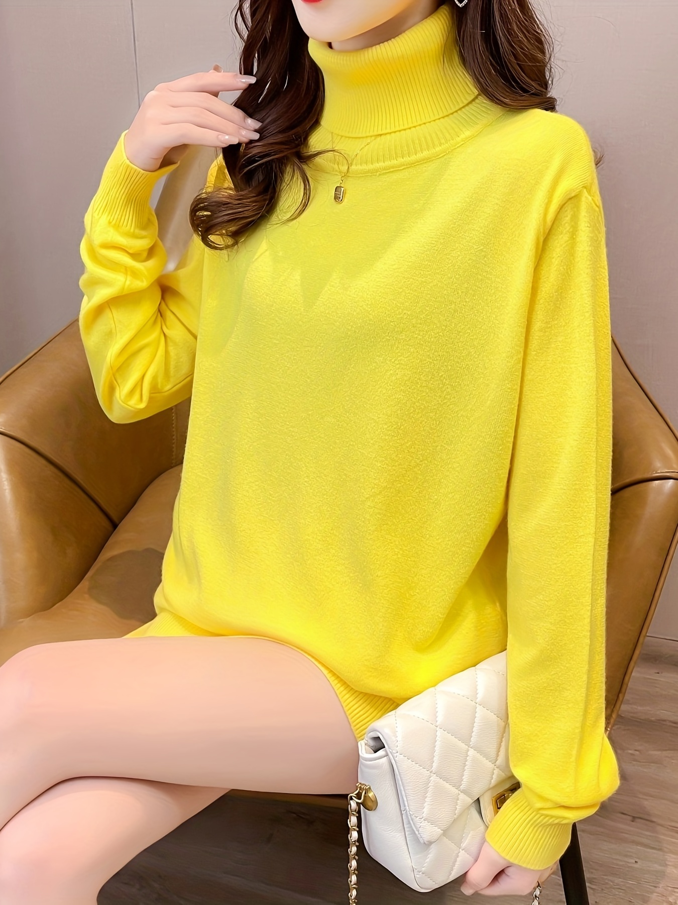 Women Yellow Solid Turtle Neck Sweater
