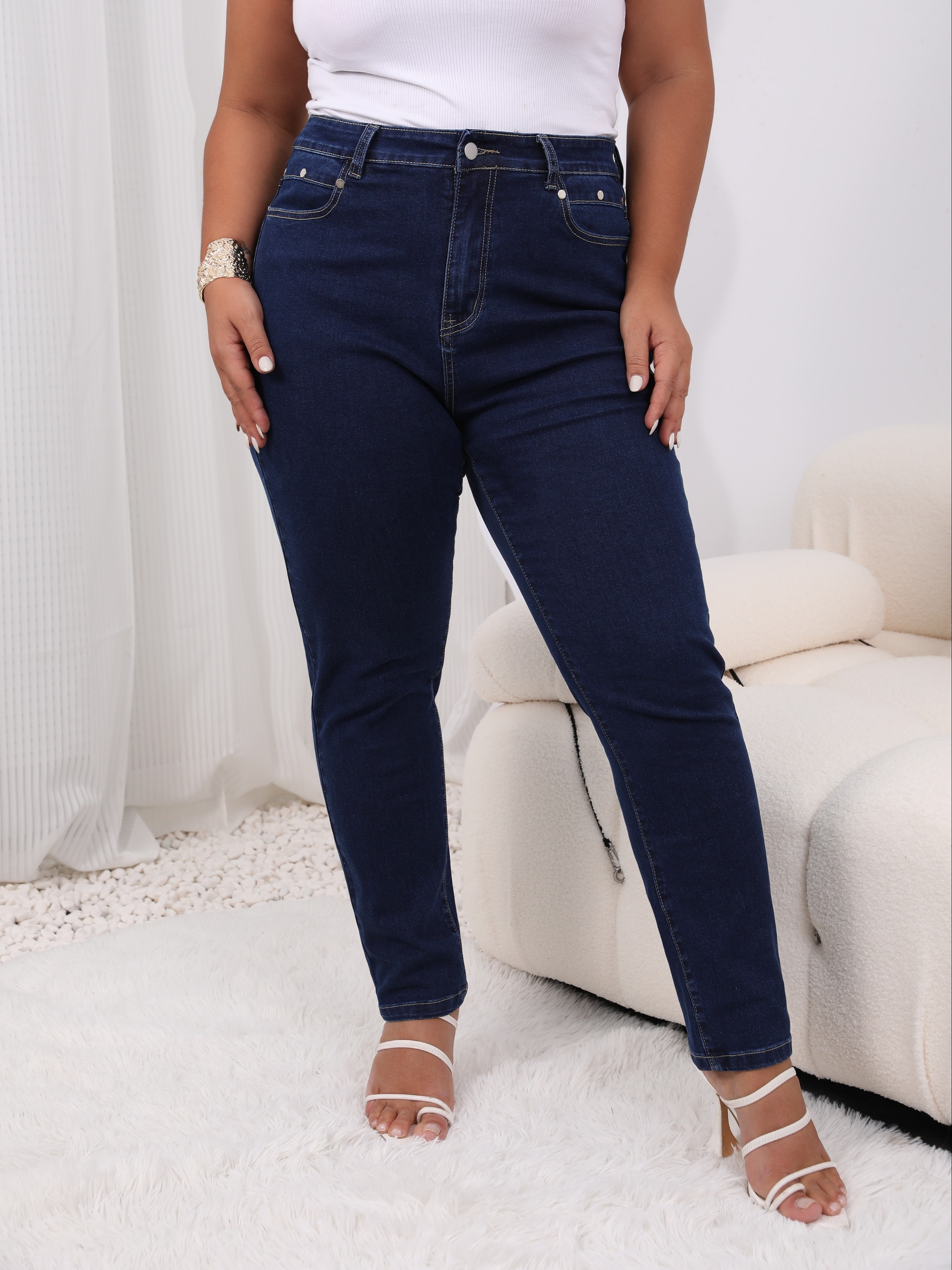 Calça jeans plus size cintura alta com botão fly reta e - Temu Portugal