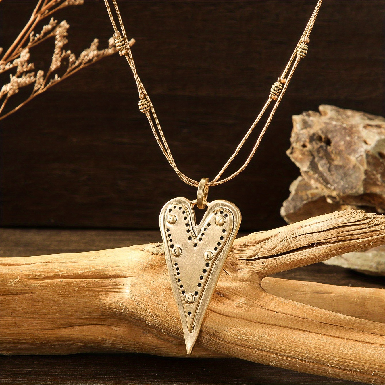 Image of Bohemian Style Vintage Golden Heart Pendant Necklace With Double Layers Of Chains For Parties And Vacations