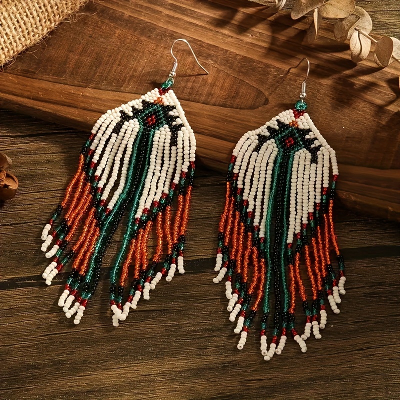 boho chic handcrafted beaded tassel earrings geometric seed Temu