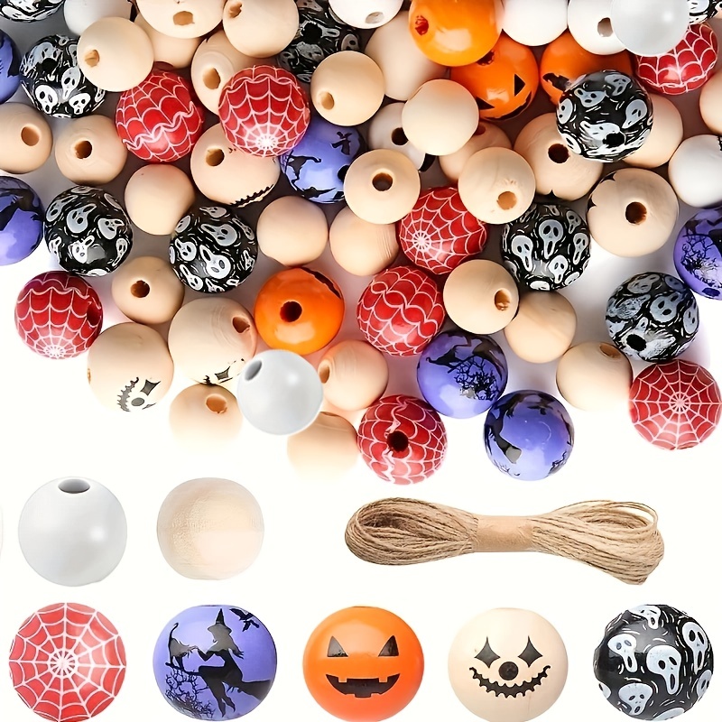 100pcs Halloween Wooden Beads Scary Face Skull Spider Ghost Beads