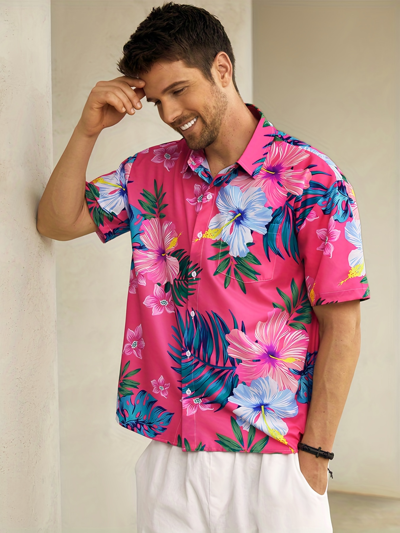 Camisa Botóns Hombres Flores Moda Azul Rojo Playa Fiesta T