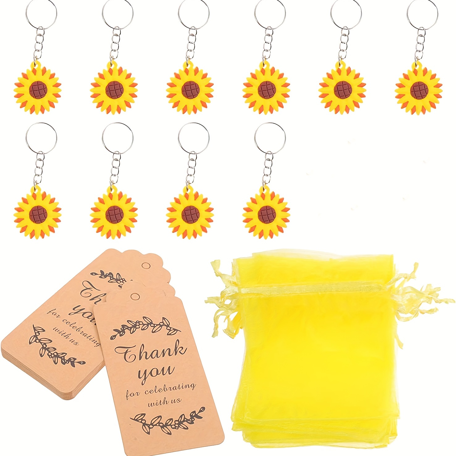 12 llaveros con diseño de flores de sol de verano con etiquetas de  agradecimiento Kraft y bolsas de regalo blancas para niños suministros de  fiesta de