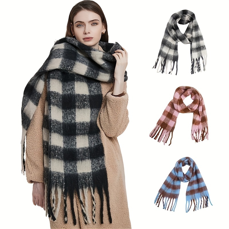 Contrast Color Plaid Striped Chunky Scarf Thickened Soft - Temu