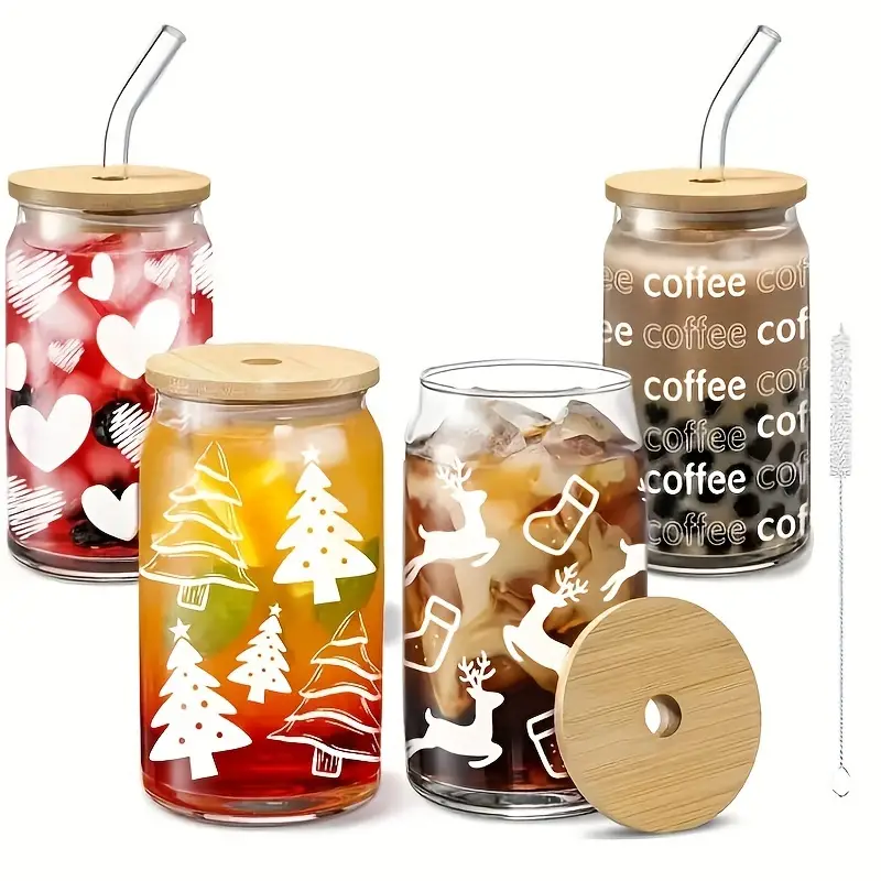 Ice Coffee Cups With Bamboo Lids And Glass Straws Halloween - Temu