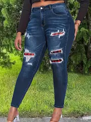 womens casual jeans plus size colorblock plaid print ripped button fly high rise high stretch skinny jeans details 2