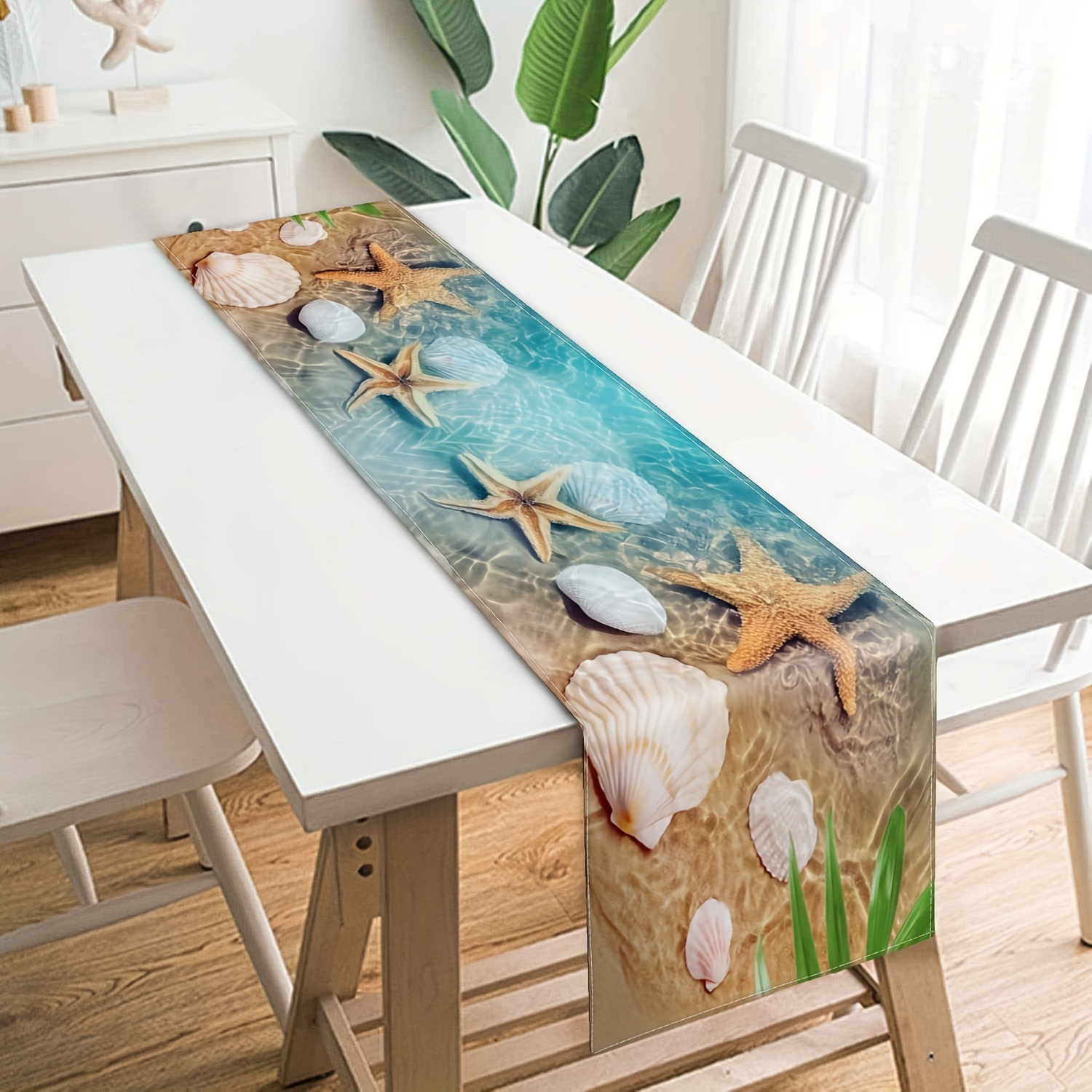 Caminos de mesa de verano pequeños de 13 x 36 pulgadas, diseño de conchas  marinas y estrellas de mar, manteles de madera rústica azul de lino de