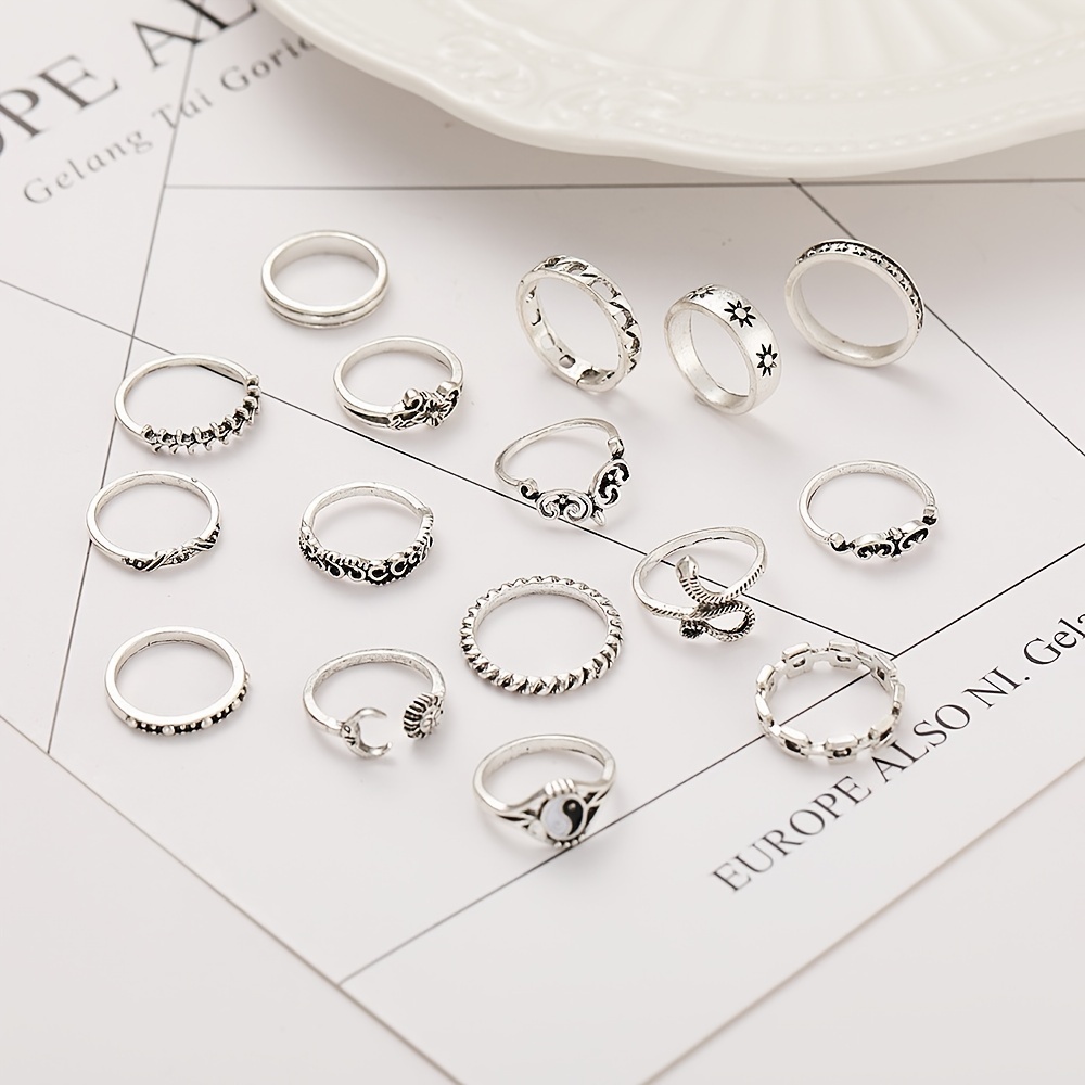 16pc Vintage Stackable Sun Moon Snake Leaf Ring Set