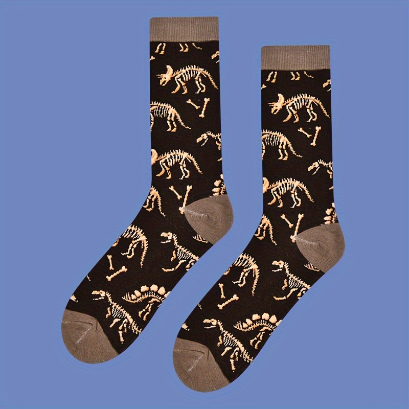 

1 Pair Of Men's Novelty Cartoon Dinosaur Bone Pattern Crew Socks, Breathable Cotton Blend Comfy Casual Unisex Socks For Men's Outdoor Wearing All Seasons Wearing