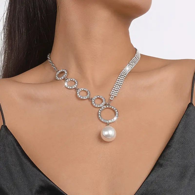 faux pearls pendant necklace with tennis chain dainty wedding bridal bridesmaid jewelry for women and girls details 0