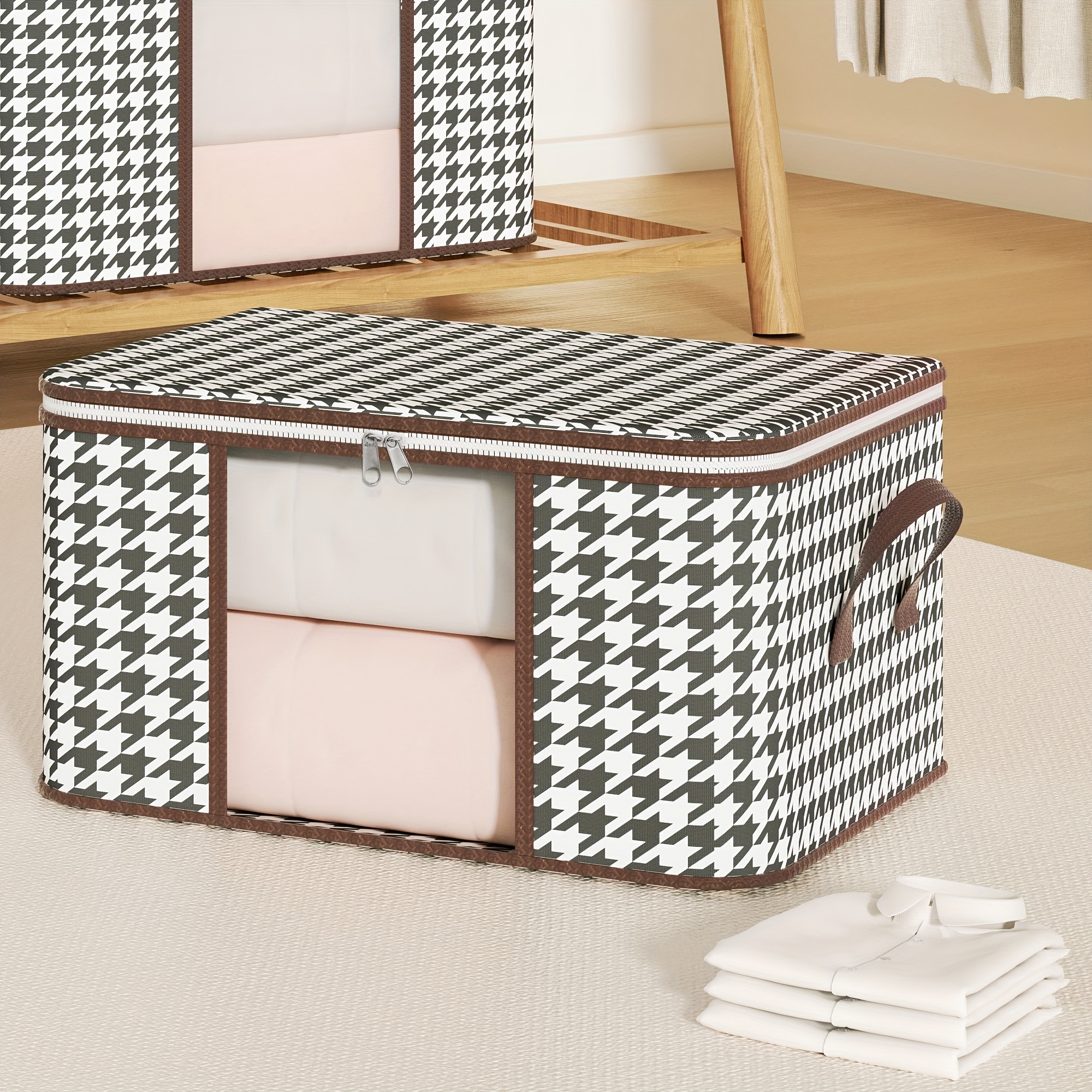 1pc 75L Houndstooth Blanket Storage Bags With Zipper, Foldable
