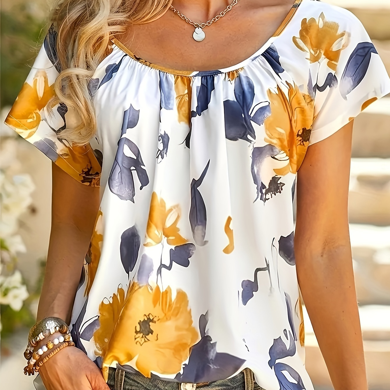 Women's Fashion Tops Flowy Round Neck Floral Printing Blouse Short Sleeve  T-Shirt Summer Tops