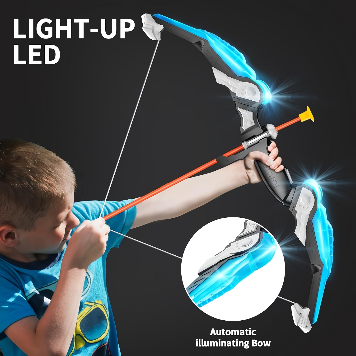 Juego de arco y flecha para niños, juego de juguete de tiro con arco con  luces LED, 10 flechas de ventosa y objetivo, juguete para interiores y