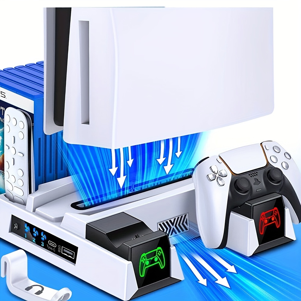  Soporte para PS5 y estación de refrigeración con estación de  carga de controlador dual para consola Playstation 5, accesorios PS5,  incluido cargador de controlador, ventilador de refrigeración, : Videojuegos