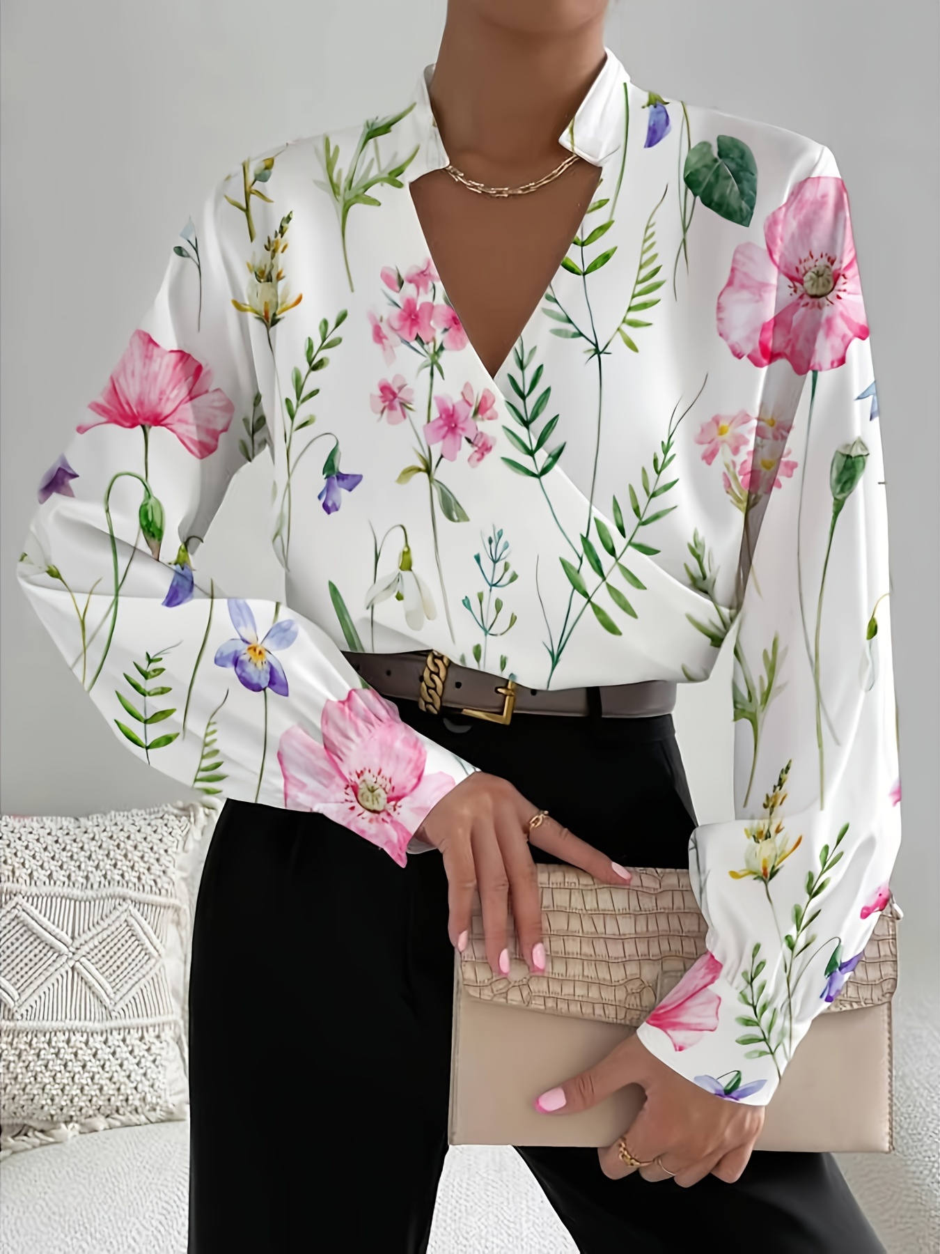 Floral Print V Yaka Bluz, Rahat Uzun Kollu Basit Bluz, Kadın Giyim