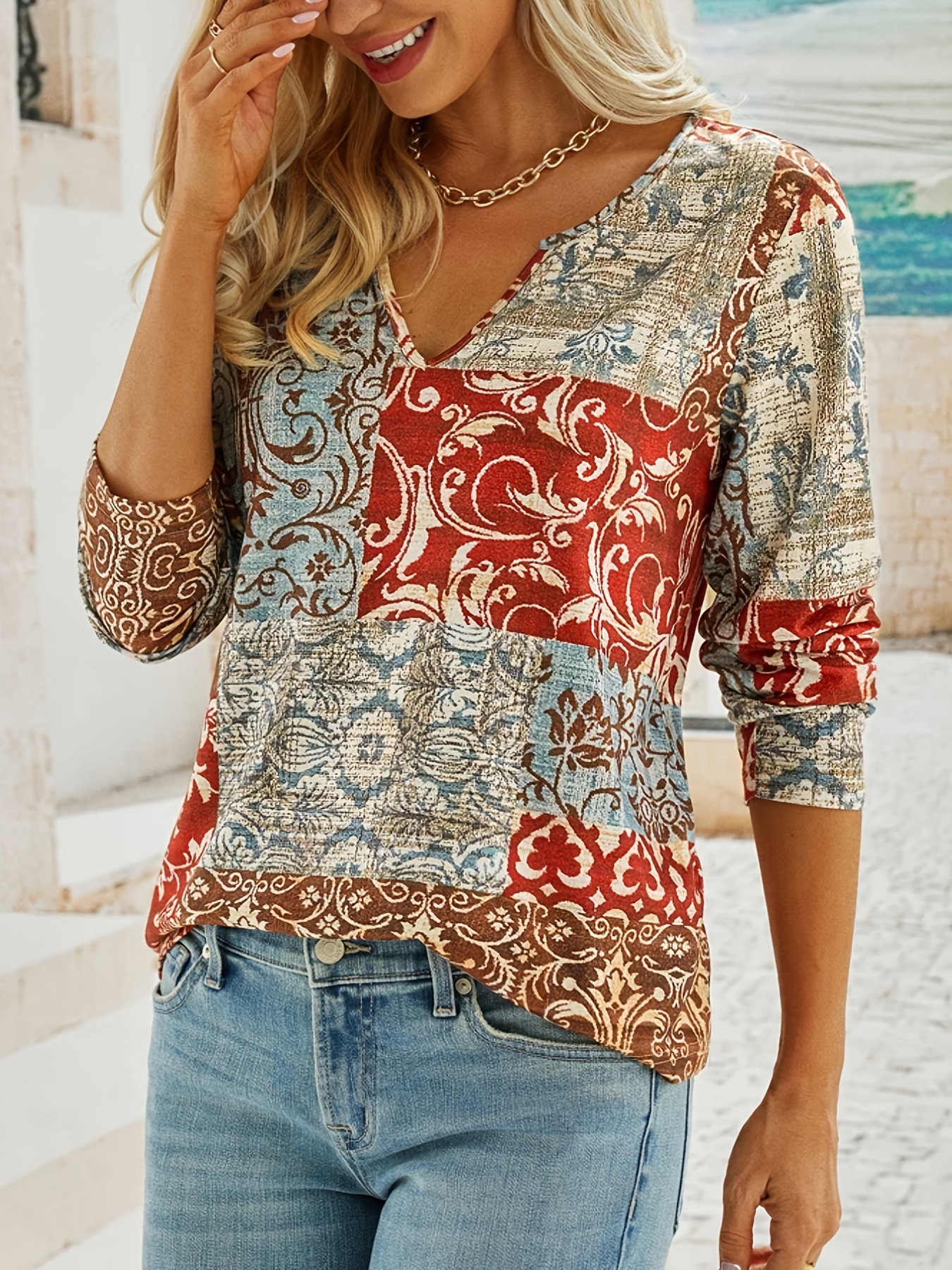 womens floral print long sleeve pullover tops casual v neck daily shirts womens clothing