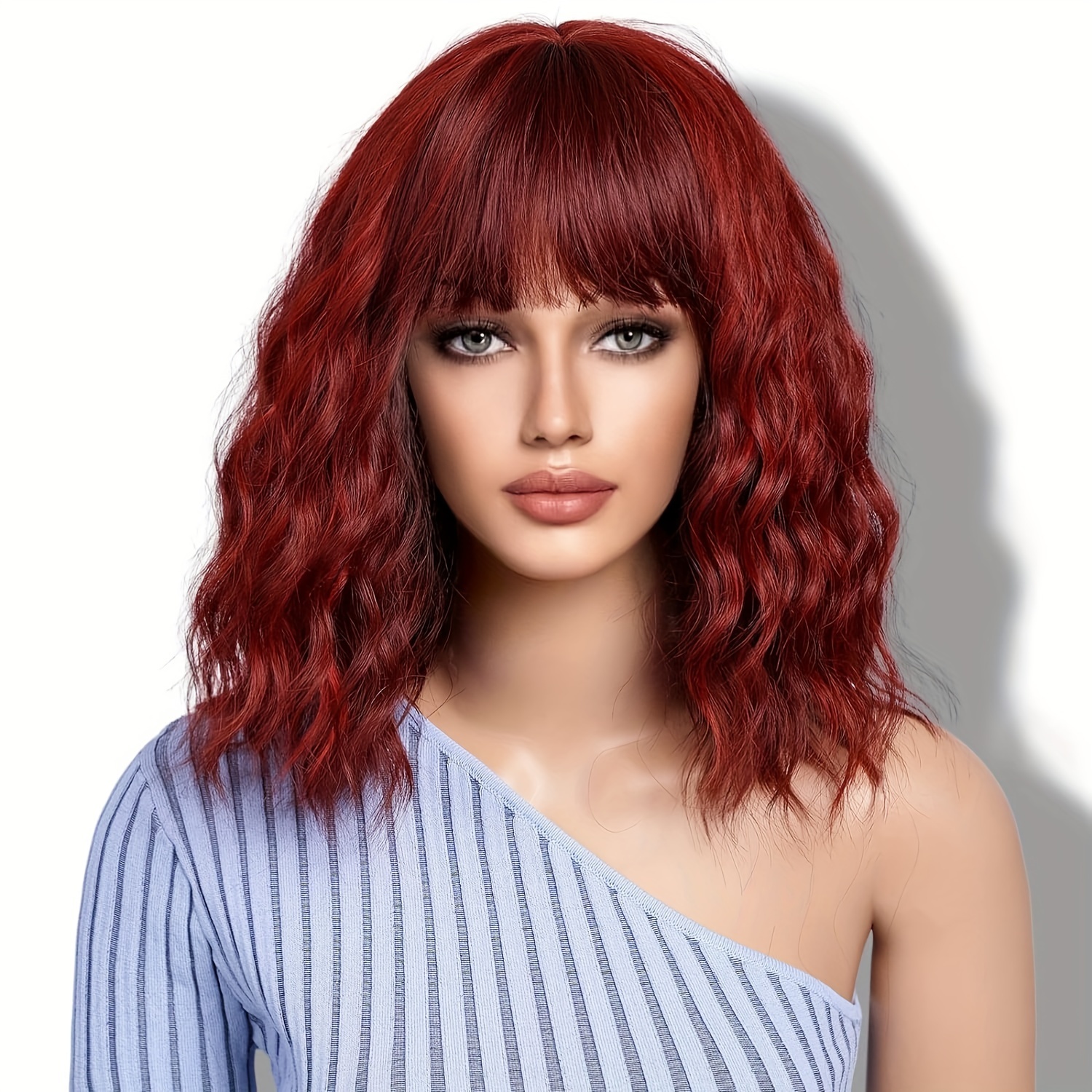 Medium Bob Wigs Bangs Women Water Wavy Synthetic Wig Brown Temu