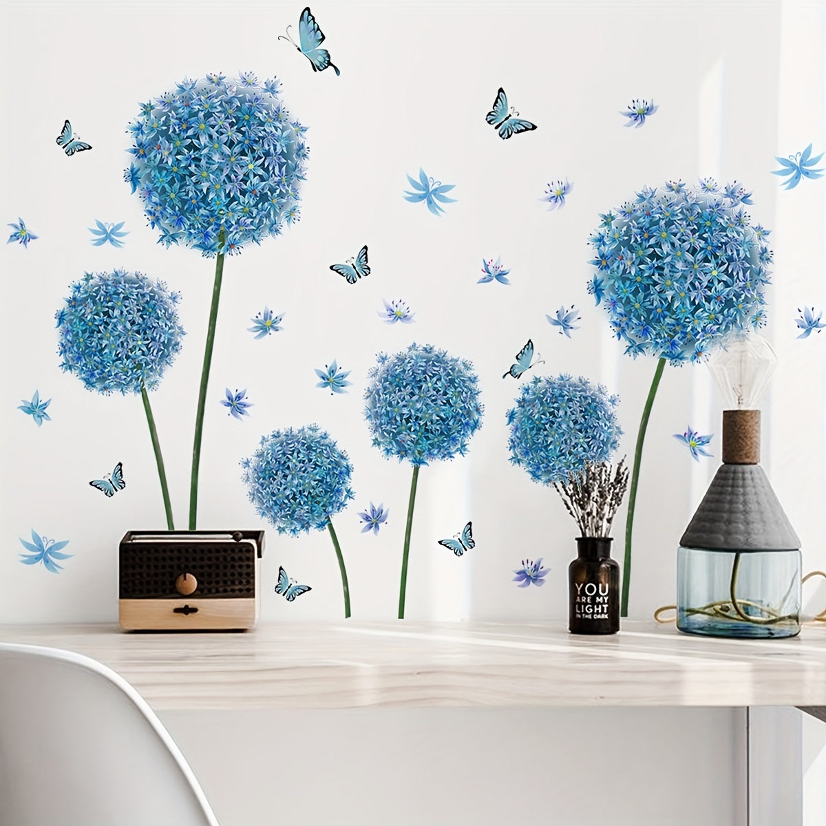 Stickers muraux fleurs, fleurs bleues et papillons fleur papillon