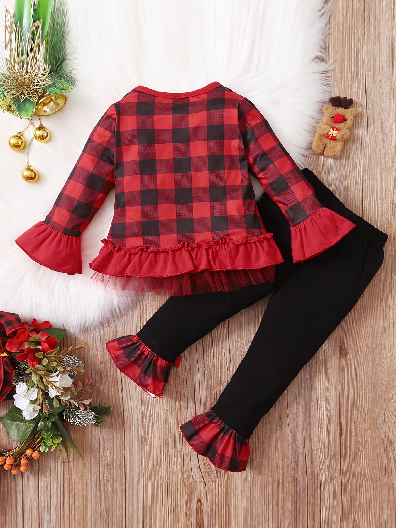 Baby Girls Red Plaid Long Flare Sleeve Cotton Dress Spring Girls