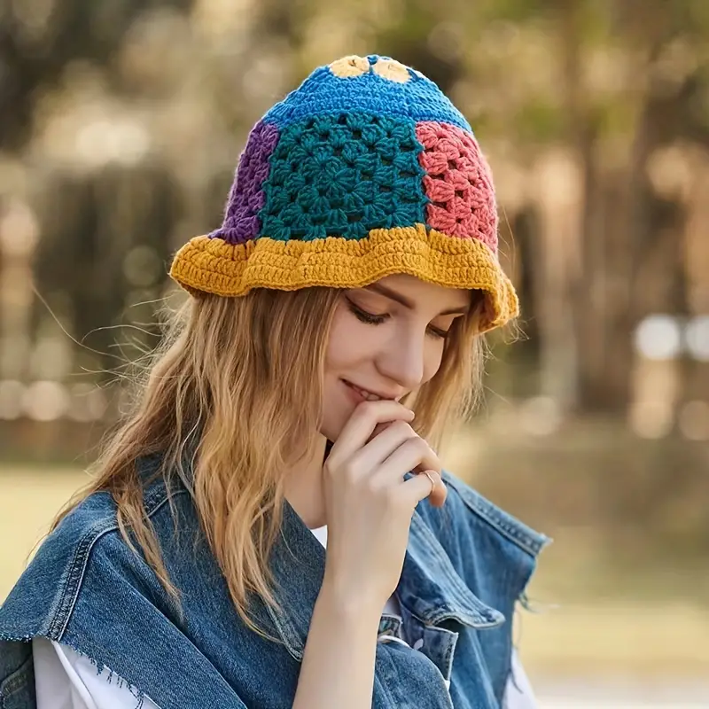 Hollow Crochet Flower Bucket Hat Elegant Color Block Knitted Basin Hat Lightweight Casual Cloche Hat for Women,Temu