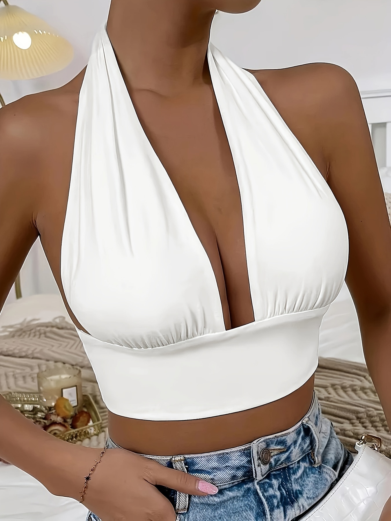 Solid Cowl Neck Tied Halter Top Casual Backless Ruched - Temu Canada