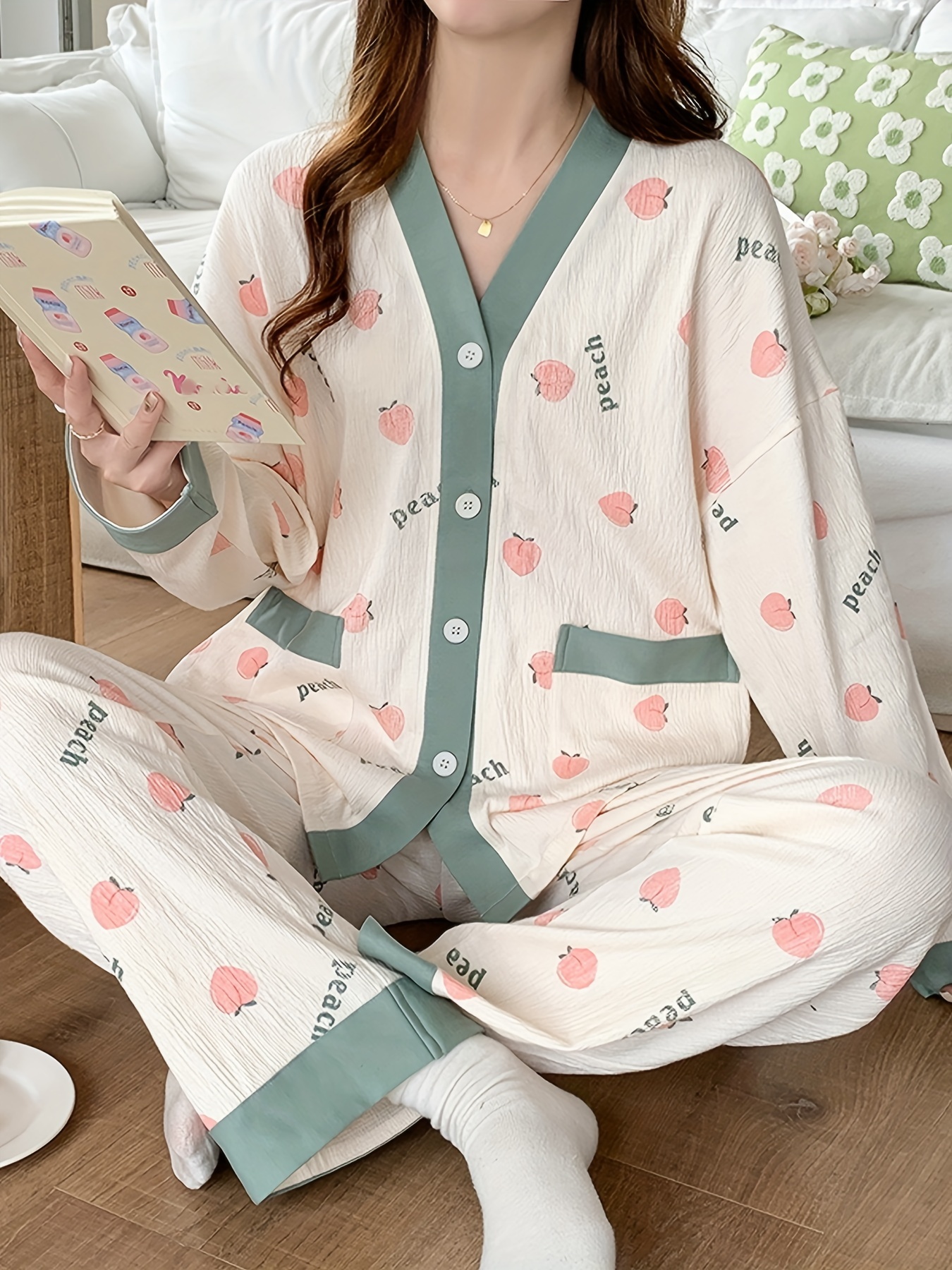 Peach & Letter Print Pajama Set, Button Up V Neck Long Sleeve Top & Pants,  Women's Sleepwear & Loungewear