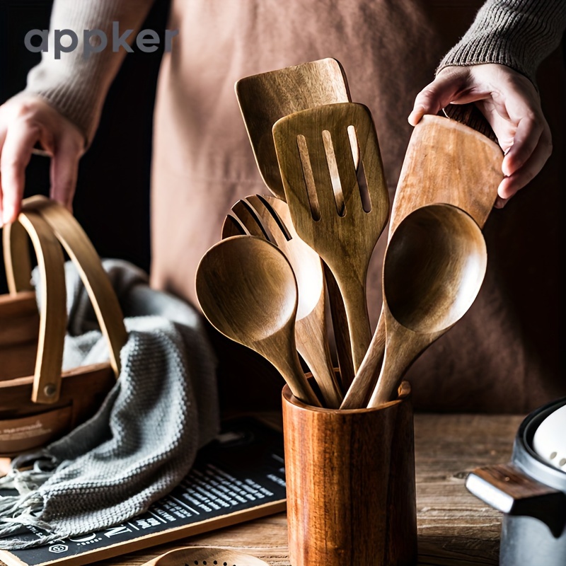 Juego de utensilios de cocina de madera, 5 piezas, espátula de madera de  nogal negro y cucharas para cocinar, utensilios de cocina de madera natural