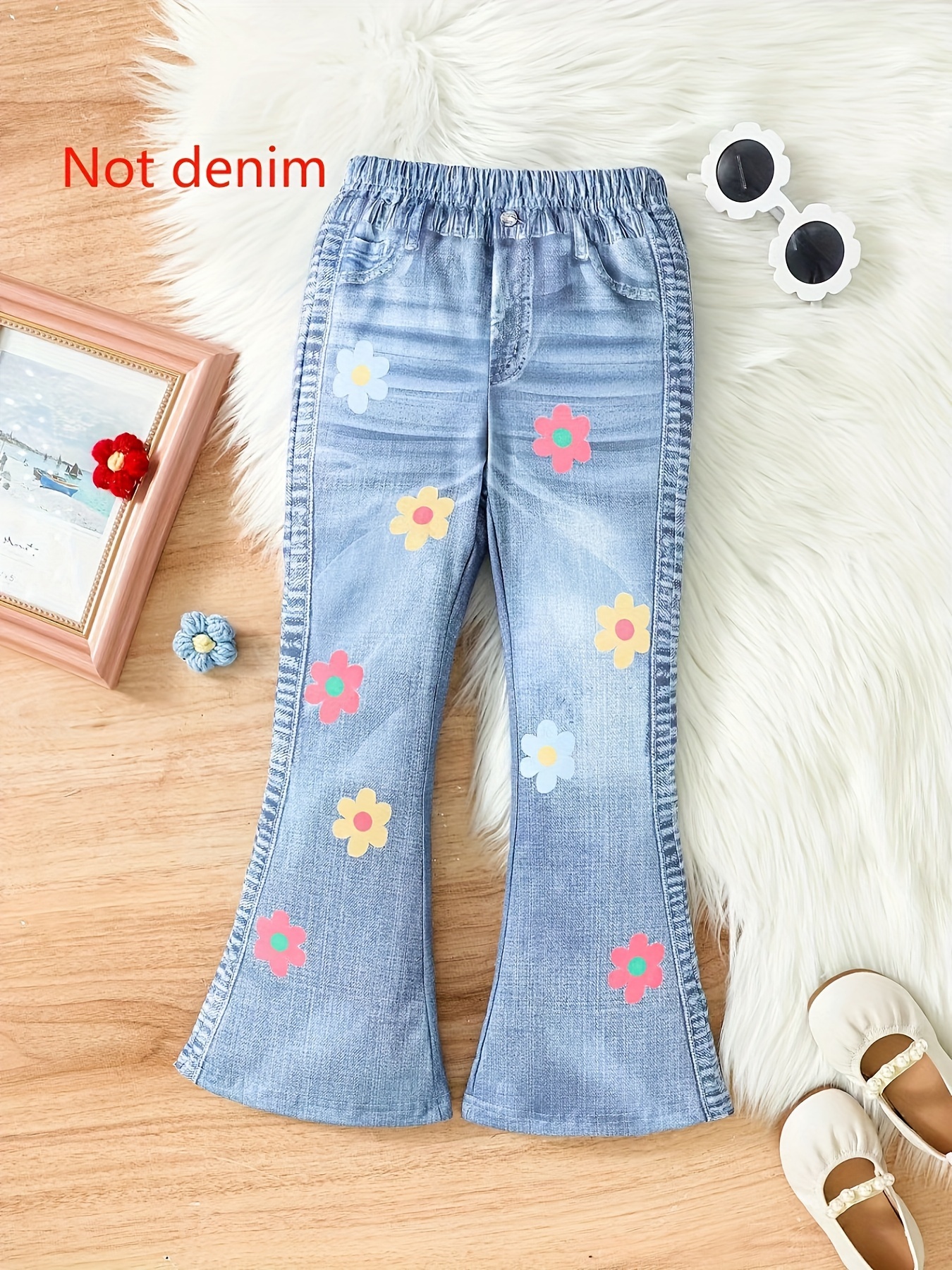 Cute Heart Patched Girls Long Flared Denim Jeans, Girls Trendy Pants For  All Seasons
