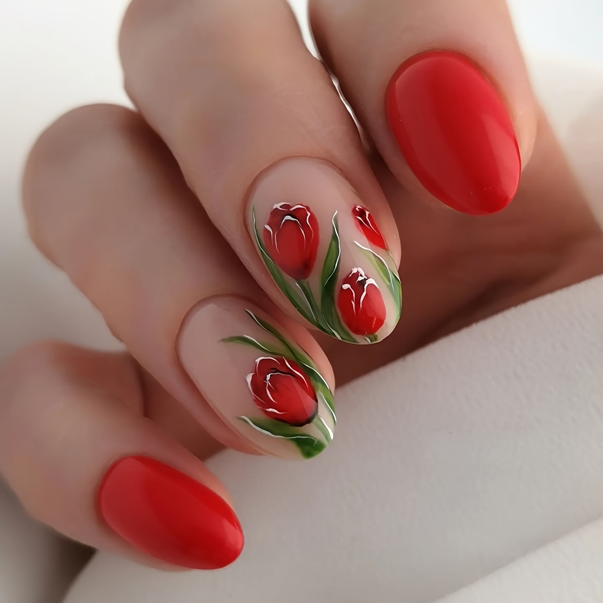 24pcs valentines day press on nails medium long almond press on nails red false nails red rose pattern full cover fake nail kit for women girls spring nail decor details 0