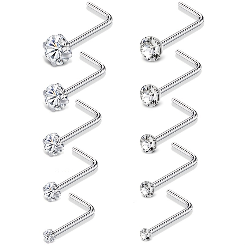 10Pcs CZ Gem Crystal Nose Piercing Stud Ring Surgical S.Steel Jewelry L  Shape Nostril Piercings Set 1.5 2.0 2.5 3.0mm 20g 0.8mm - AliExpress