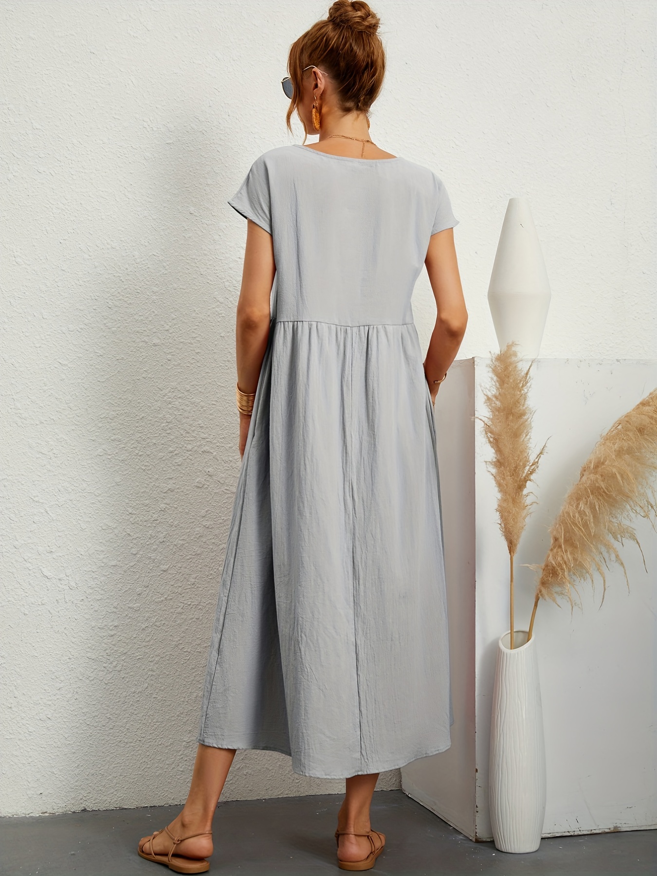 Olive & Oak Womens Solid Ribbed Short Sleeve Drawstring Dress Heather Grey  Small