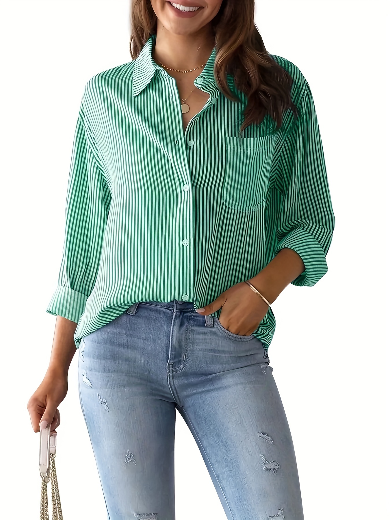 Striped Print Work Office Shirt Casual Button Front Long - Temu