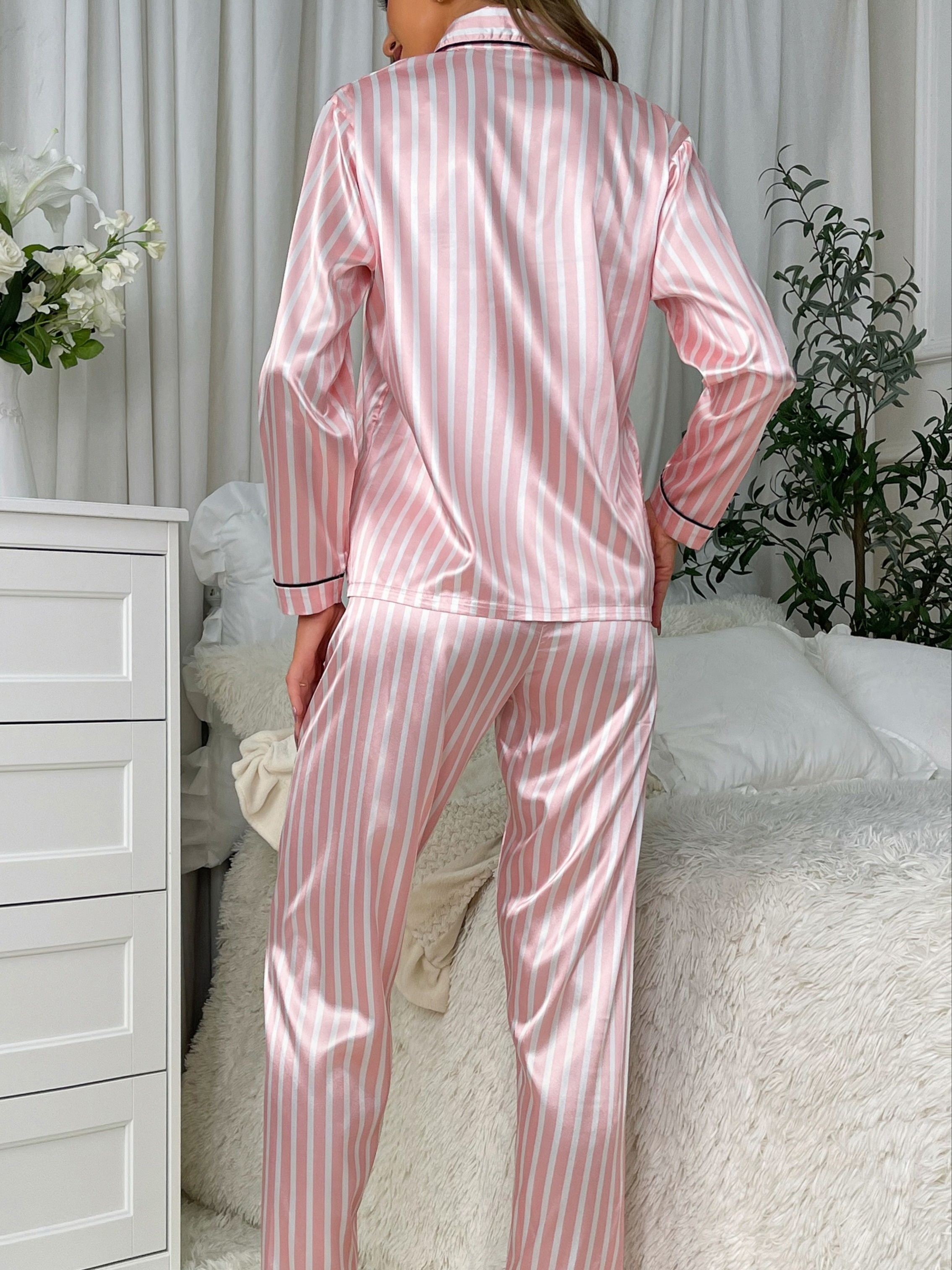 Striped Satin Pajama Set, Long Sleeve Buttons Top & Elastic Waistband  Pants, Women's Sleepwear & Loungewear