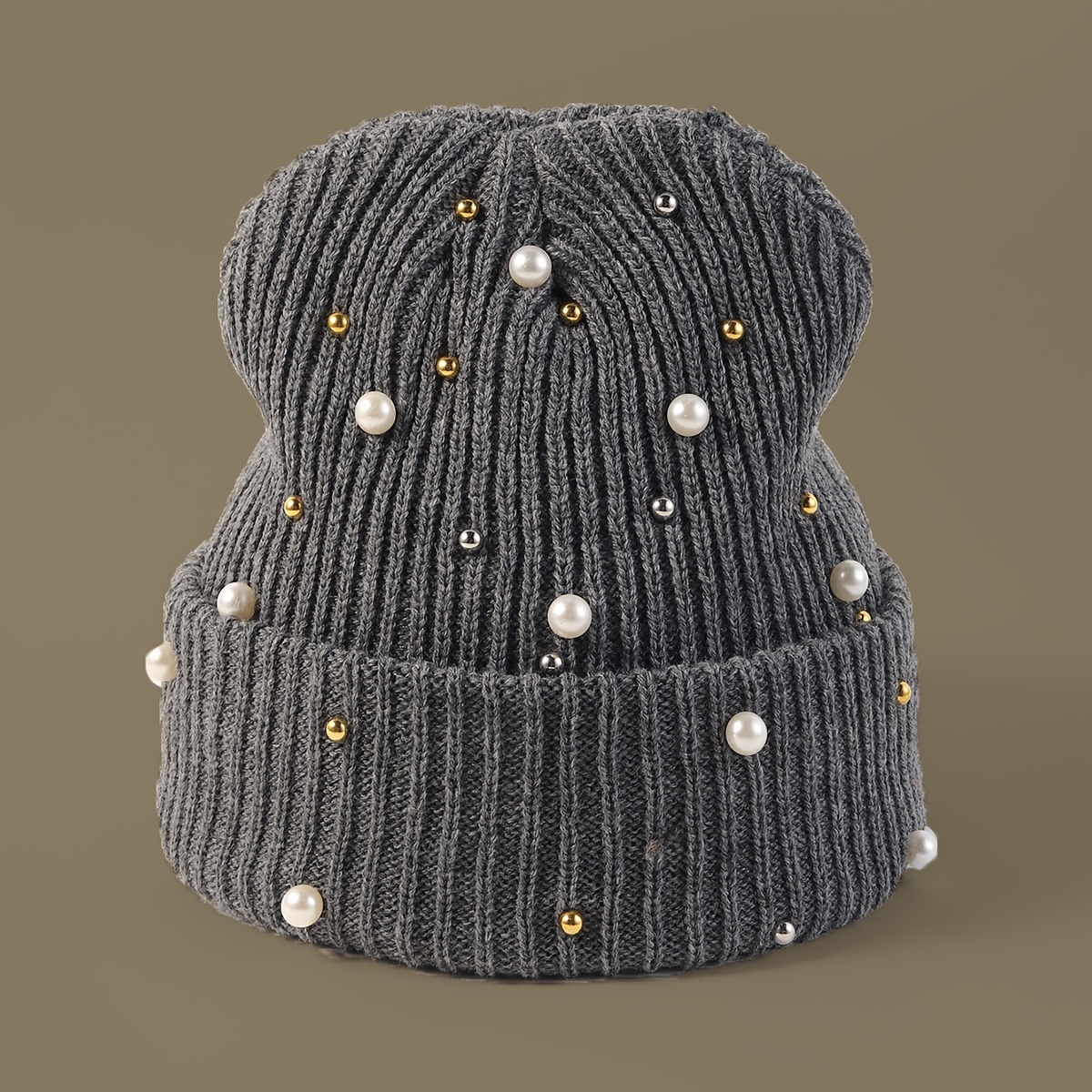 Faux Pearl Beanie Hat Classic Winter Warm Knitted Hat For Women