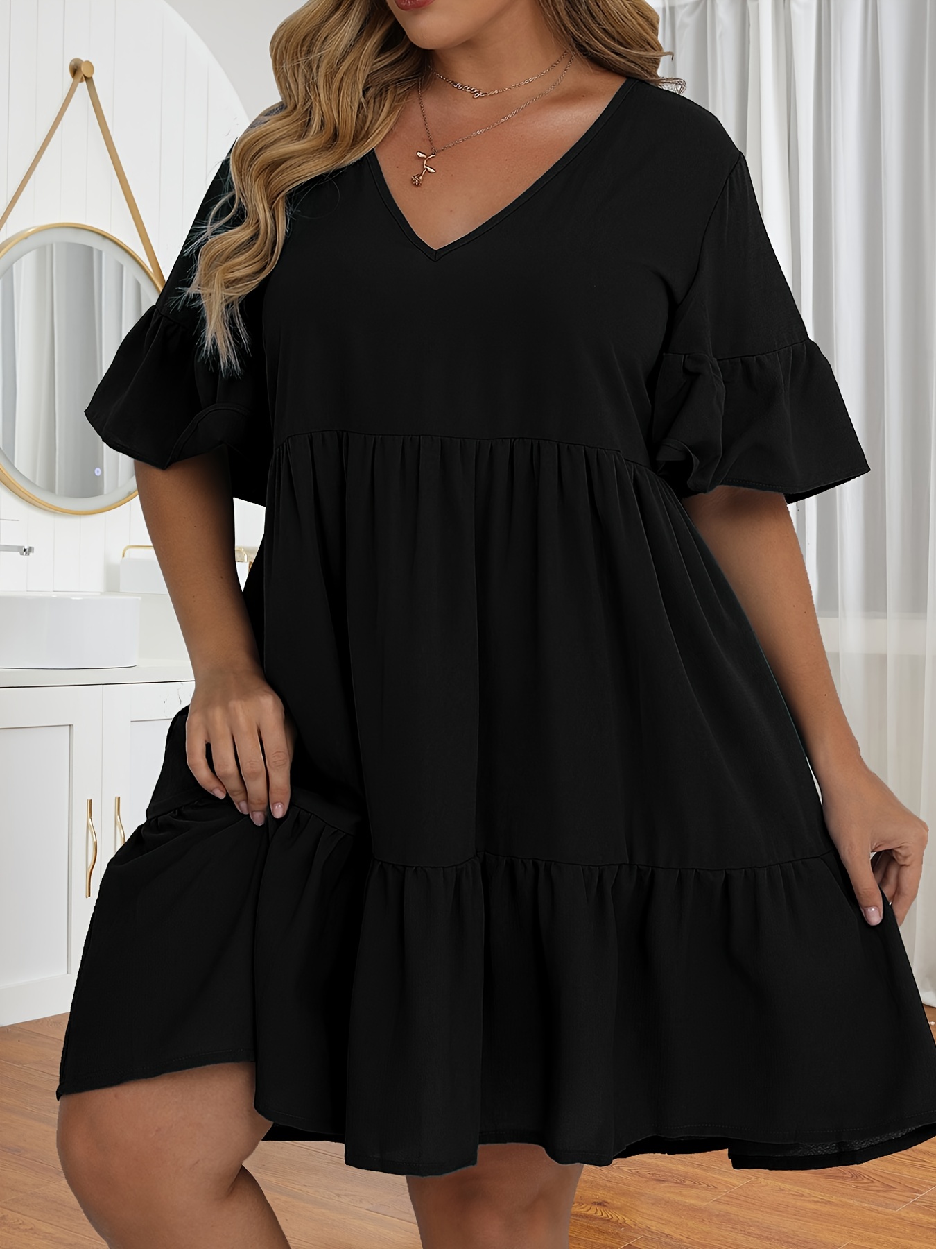 Plus Size Casual Dress, Women's Plus Solid Ribbed Long Sleeve Round Neck  High Stretch Knee Length Dress