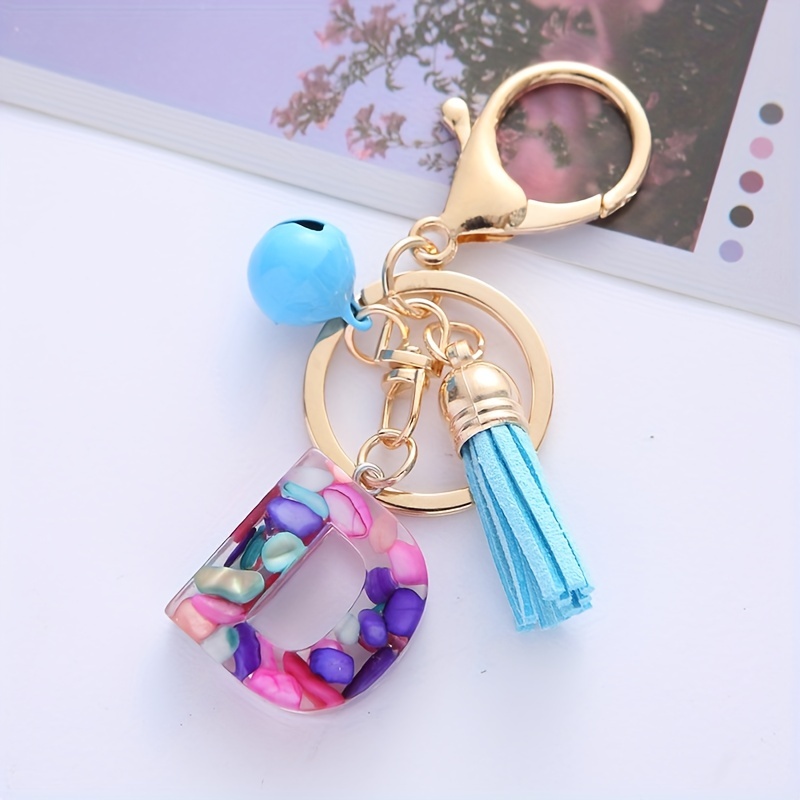 Blue Keychain Pom Pom- Long lasting Resin Keychain Letter E Charm