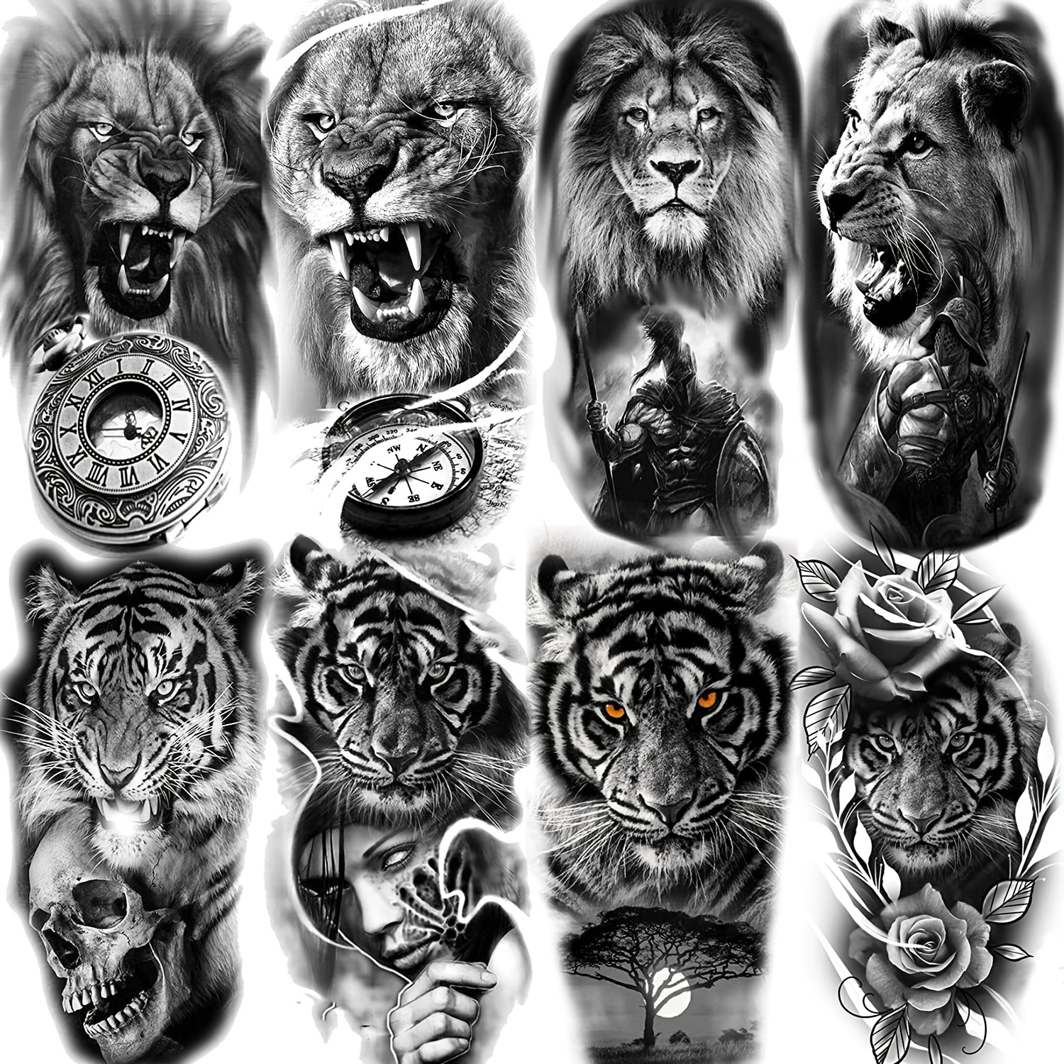 

Coktak 8 Sheets Large Half Arm Sleeve Tattoos For Men Adults, Realistic Lion Tiger Waterproof Temporary Tattoo Stickers, Black Warrior Compass Fake Tattoo Sleeve For Women