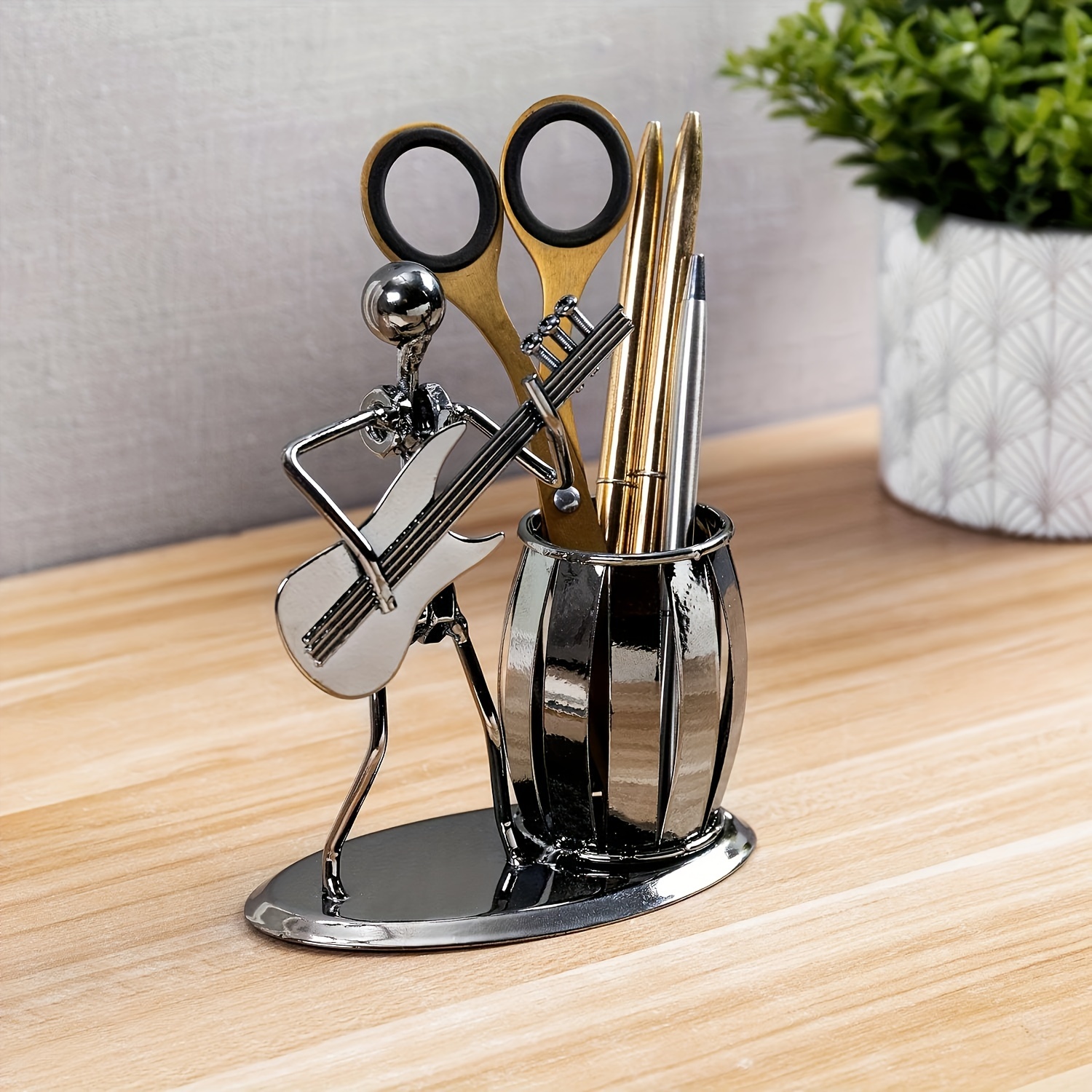 

1pc Metal Desktop Pen Holder, Rocker And Guitar Design, Office Supplies Organizer Pencil Cup, Perfect Gift For Music Lovers